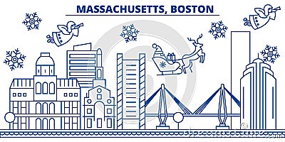 USA, Massachusetts , Boston winter city skyline. Merry Christmas and Happy New Year decorated banner. Winter greeting Vector Illustration