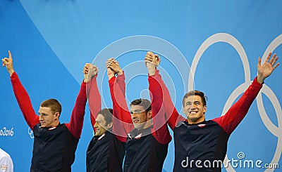 USA Men's 4x100m medley relay team Ryan Murphy (L), Cory Miller, Michael Phelps and Nathan Adrian Editorial Stock Photo