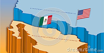 Usa and Mexico border map with national flags Vector Illustration