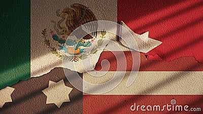 Usa and Mexico Flag on Cracked Concrete Stock Photo