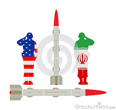 USA Missile Rocket with nuclear bomb against Iran nuclear power. War threat. Powerful army weapon for battle. Doomsday alert. Cartoon Illustration