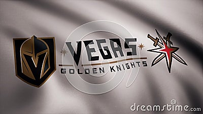 USA - NEW YORK, 12 August 2018: Waving flag with Vegas Golden Knights NHL hockey team logo. Close-up of waving flag with Editorial Stock Photo