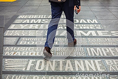 New York, Times Square. Map of theaters names on the ground Editorial Stock Photo