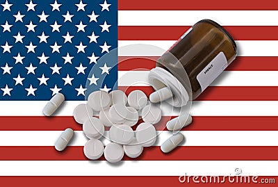 USA opioid crisis prescription bottle with pills on American flag Stock Photo