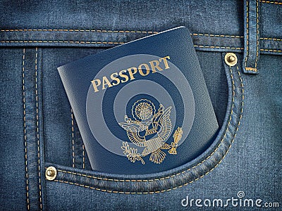 USA passport in pocket jeans. Travel, tourism, emigration and passport control concept Cartoon Illustration