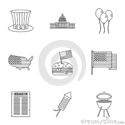 USA patriotic holiday icon set, outline style Vector Illustration