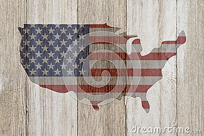 USA patriotic old flag on a map and weathered wood background Stock Photo
