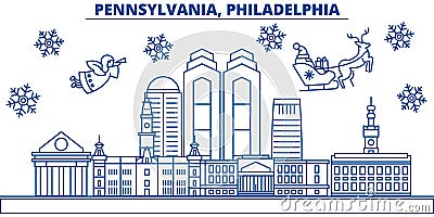 USA, Pennsylvania , Philadelphia winter city skyline. Merry Christmas and Happy New Year decorated banner.Winter Vector Illustration