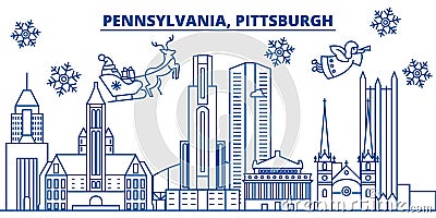 USA, Pennsylvania , Pittsburgh winter city skyline. Merry Christmas and Happy New Year decorated banner.Winter greeting Vector Illustration