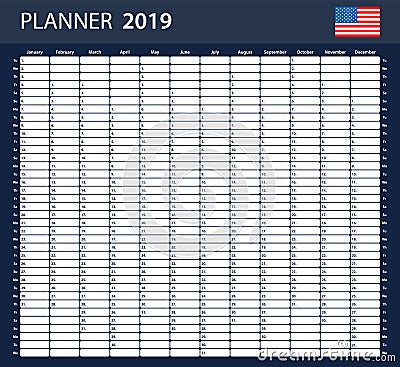 USA Planner blank for 2019. Scheduler, agenda or diary template. Week starts on Sunday Vector Illustration