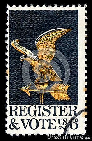 USA Postage Stamp Register and Vote with an eagle weathervane Editorial Stock Photo