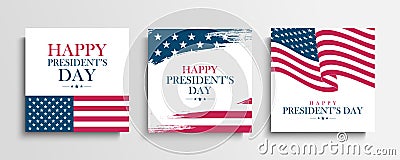 USA President`s Day greeting cards set with United States national flag. Washington`s birthday. Vector Illustration