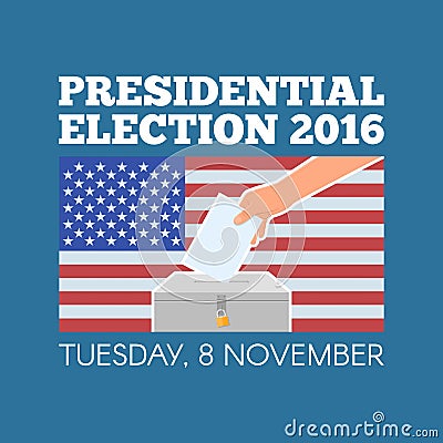 USA presidential election day concept vector illustration. Hand putting voting paper in the ballot box with american Vector Illustration