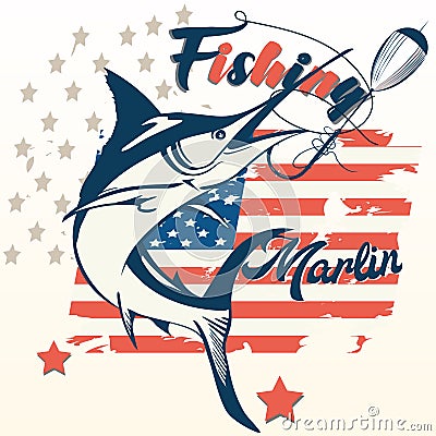 USA retro styled poster with marlin fish, American flag Stock Photo