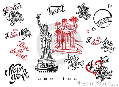 USA. Set of elements for design. Las Vegas. New york. Landmark sketches . Statue of liberty. Inspiring lettering. Templates of rea Stock Photo