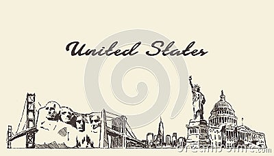 USA skyline vintage engrav illustration hand drawn Vector Illustration
