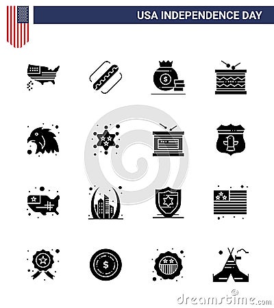 16 USA Solid Glyph Pack of Independence Day Signs and Symbols of animal; parade; dollar; irish; drum Vector Illustration