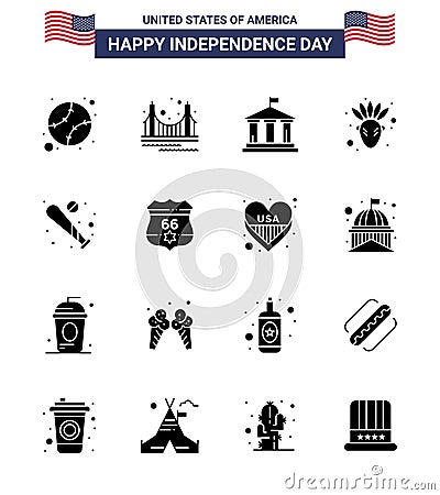 16 USA Solid Glyph Pack of Independence Day Signs and Symbols of baseball; thanksgiving; tourism; native american; usa Vector Illustration