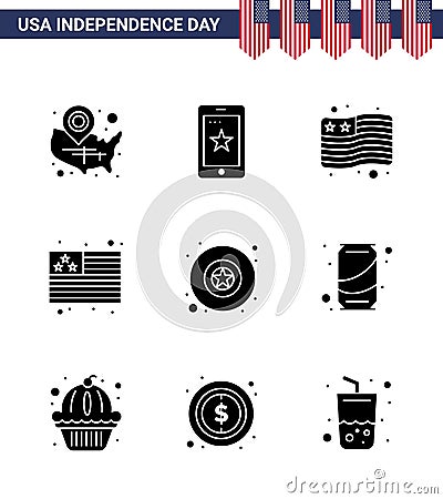 9 USA Solid Glyph Signs Independence Day Celebration Symbols of soda; beer; ireland; star; badge Vector Illustration