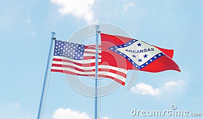 USA and state Arkansas, two flags waving against blue sky Stock Photo