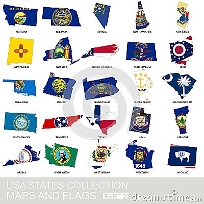 USA state collection, maps and flags Vector Illustration