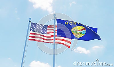 USA and state Montana, two flags waving against blue sky Stock Photo