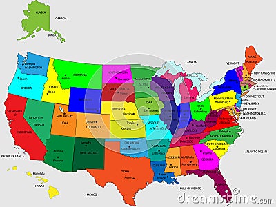 USA 50 States vivid colors Vector Illustration