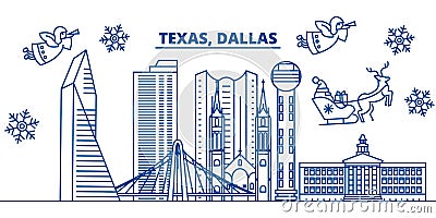 USA, Texas, Dallas winter city skyline. Merry Christmas and Happy New Year decorated banner. Winter greeting card with Vector Illustration