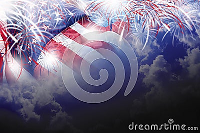 USA 4th of july independence day background of american flag with fireworks on blue sky Stock Photo
