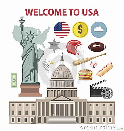 USA travel or America tourism welcome poster template vector tourist landmarks attractions Vector Illustration