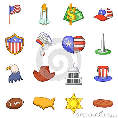 USA travel items icons set, cartoon style Vector Illustration