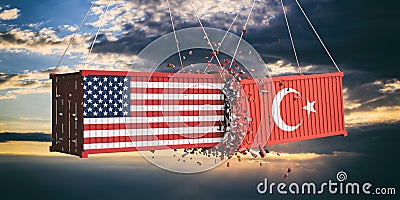 USA and Turkey trade war. US of America and Turkish flags crashed containers on sky at sunset background. 3d illustration Cartoon Illustration