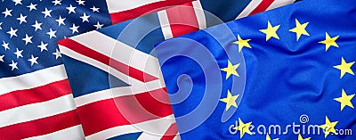 USA UK and EU flags. Collage of three flags. Flags of EU UK and USA together Stock Photo