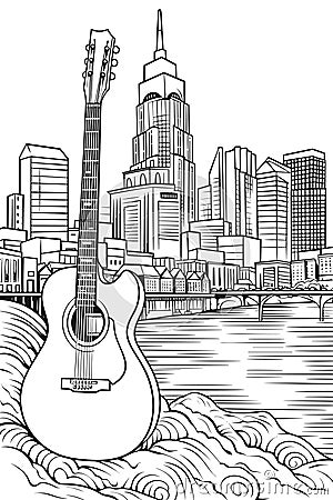 Nashville cityscape black and white vector coloring pag Vector Illustration