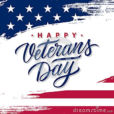 USA Veterans Day greeting card with brush stroke background in United States national flag colors and hand lettering. Vector Illustration