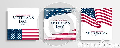 USA Veterans Day greeting cards set with United States national flag. Honoring all who served. United States national holiday. Vector Illustration