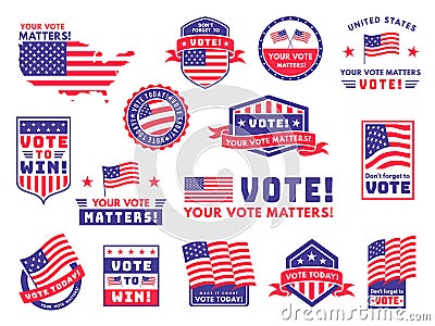 Usa voting labels. American presidential election badges and vote stickers, encouraging political voting banners Vector Illustration