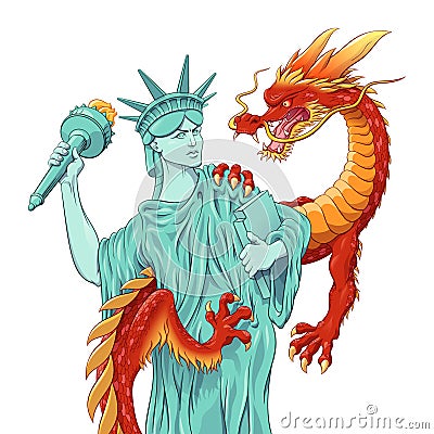 USA vs China trade war concept. Statue of Liberty and Chinese Dragon prepared for fight. Vector illustration in comic style Vector Illustration