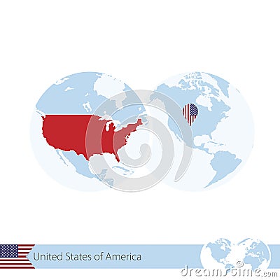 USA on world globe with flag and regional map of USA Vector Illustration