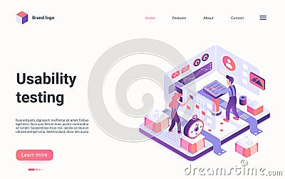 Usability mobile application testing isometriclanding page, website app development Vector Illustration