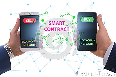 Usage of smartphone in smart contracts Stock Photo