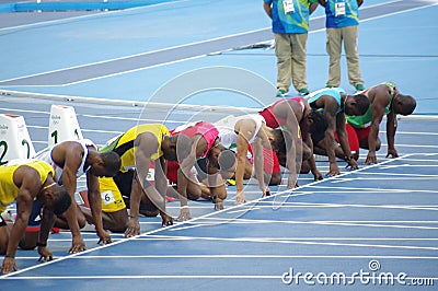 Usain Bolt at 100m start line at Rio2016 Olympics Editorial Stock Photo