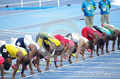 Usain Bolt at 100m start line at Rio2016 Olympics Editorial Stock Photo