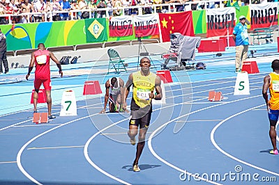 Usain Bolt tries strating bloks for 200m at Rio2016 Olympics Editorial Stock Photo