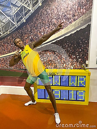 Usain Bolt wax statue at Madame Tussauds in London, UK Editorial Stock Photo