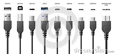 USB, A, B and type C plugs, sockets or universal computer cable connectors 3d realistic Vector Illustration