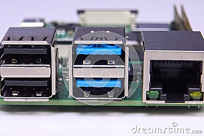 USB on the board of minicomputer. Computer components Stock Photo