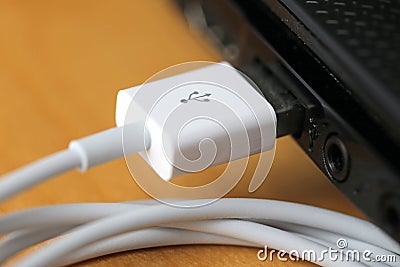 USB cable and port USB notebook Stock Photo