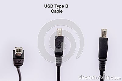 USB Cable Type B Male SuperSpeed USB Adapter Connector Wire Plug for Printer, Scanner, - Black. Isolated on white background Stock Photo