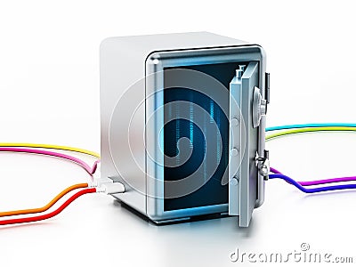 USB cables connected to steel safe. 3D illustration Cartoon Illustration